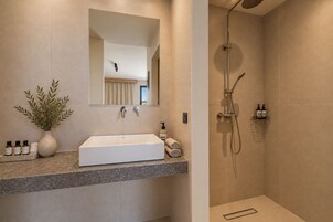 A bathroom with a rectangular sink, a mirror above it, a potted plant, and a shower area with a handheld showerhead.