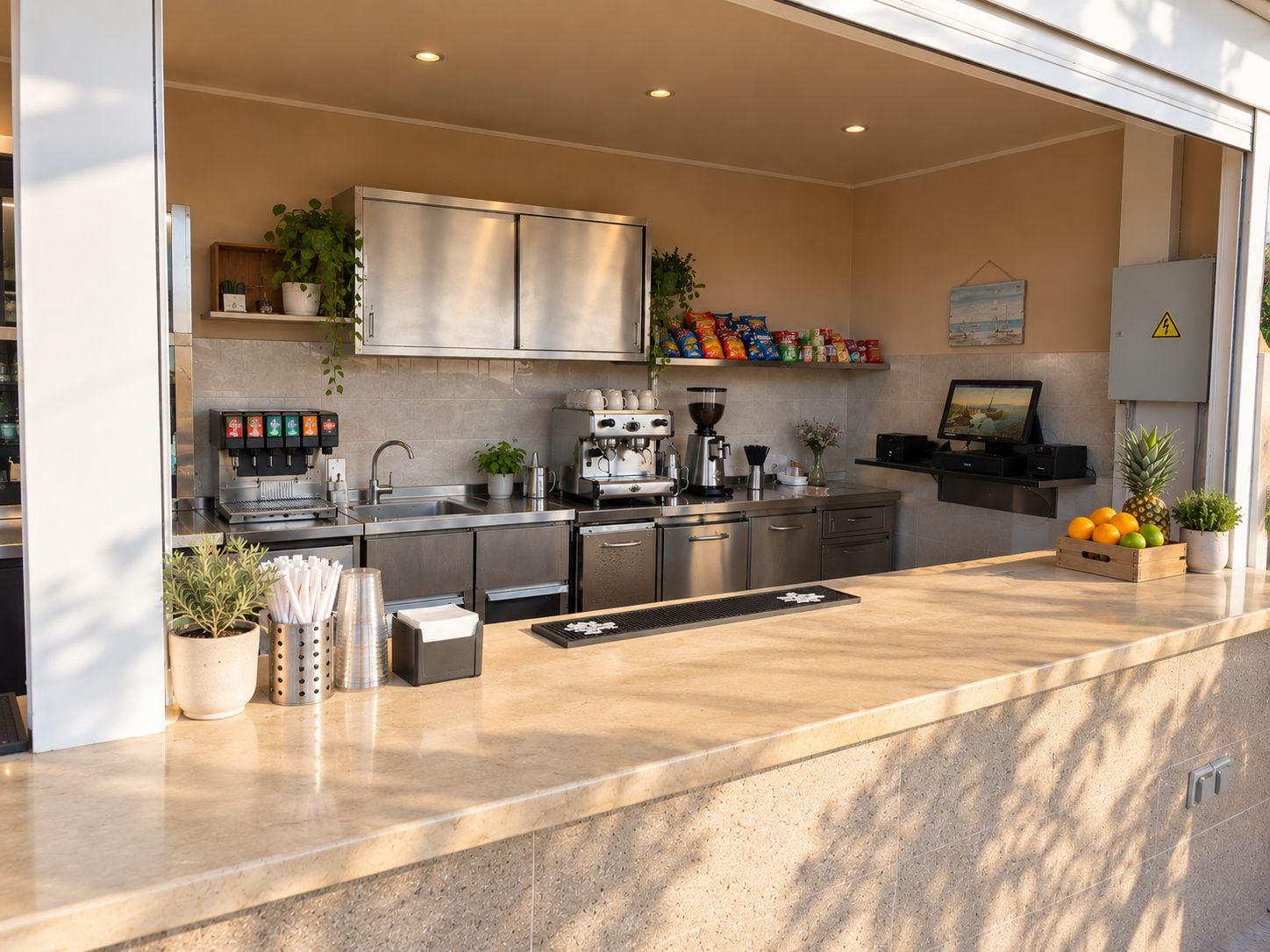 Una cocina moderna con electrodomésticos de acero inoxidable, una cafetera y una exposición de frutas.