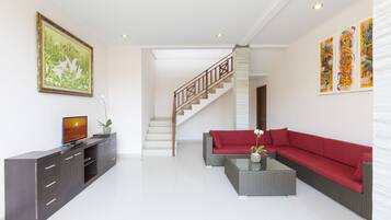 Villa, 4 Bedrooms, Private Pool | Living room | 42-inch LCD TV with satellite channels, TV, fireplace