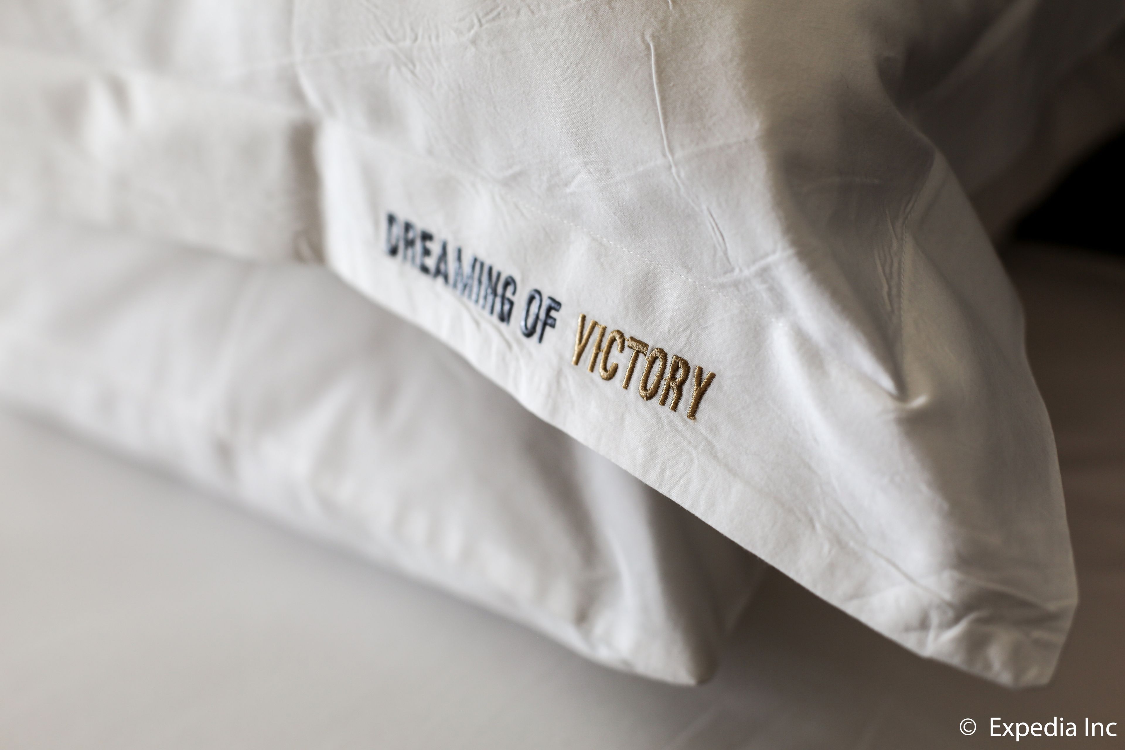 A pillow with the text "DREAMING OF VICTORY" on it.