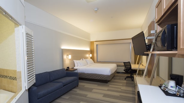 A hotel room with a bed, a sofa, a desk with a computer, a TV, and a microwave. - Holiday Inn Express & Suites Rochester Hill - Detroit Area by IHG (Rochester)
