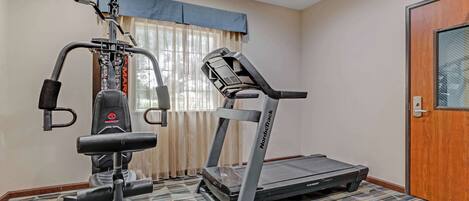 A gym with a treadmill, weight bench, and a rowing machine.