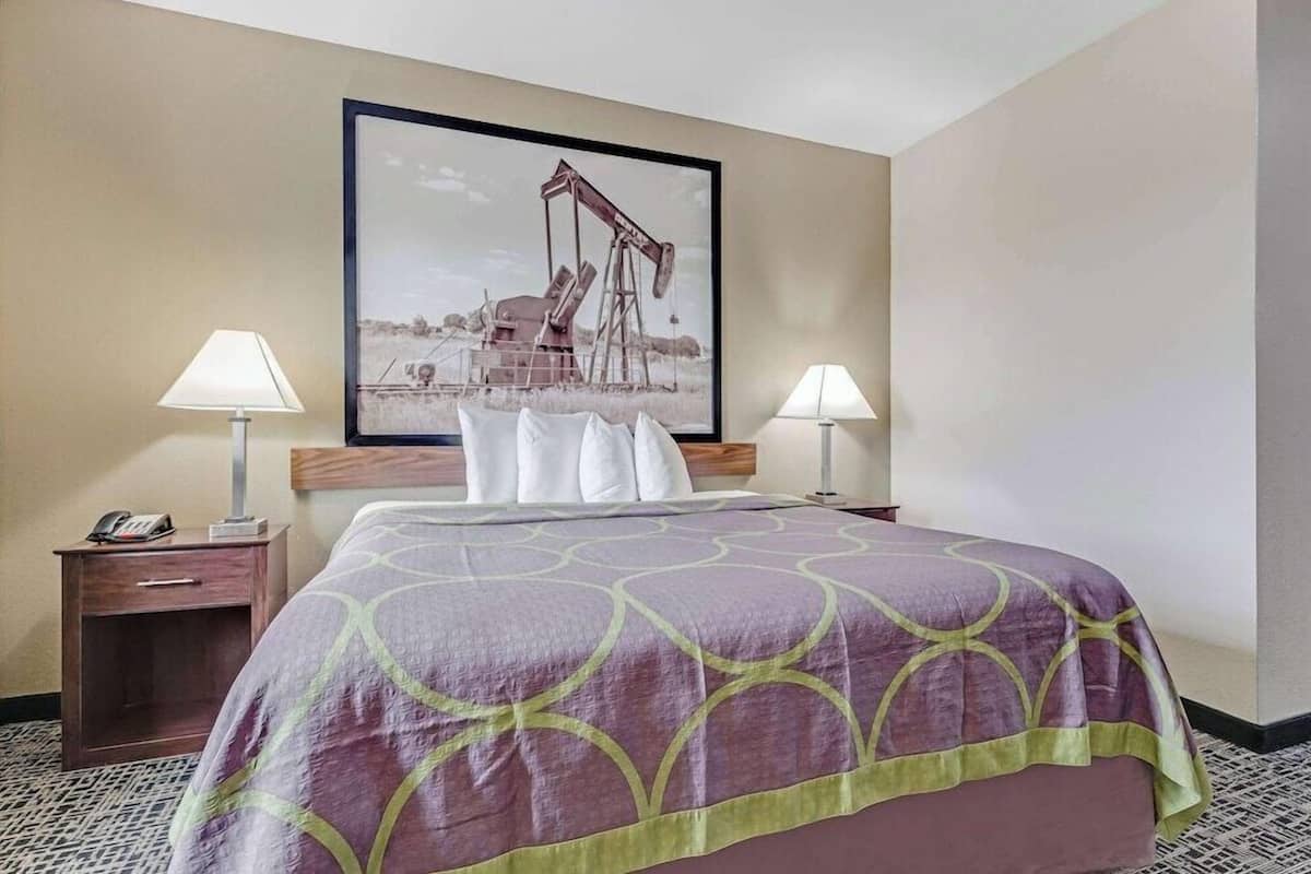 A hotel room with a large bed, two bedside tables with lamps, a framed picture on the wall, and a patterned bedspread.