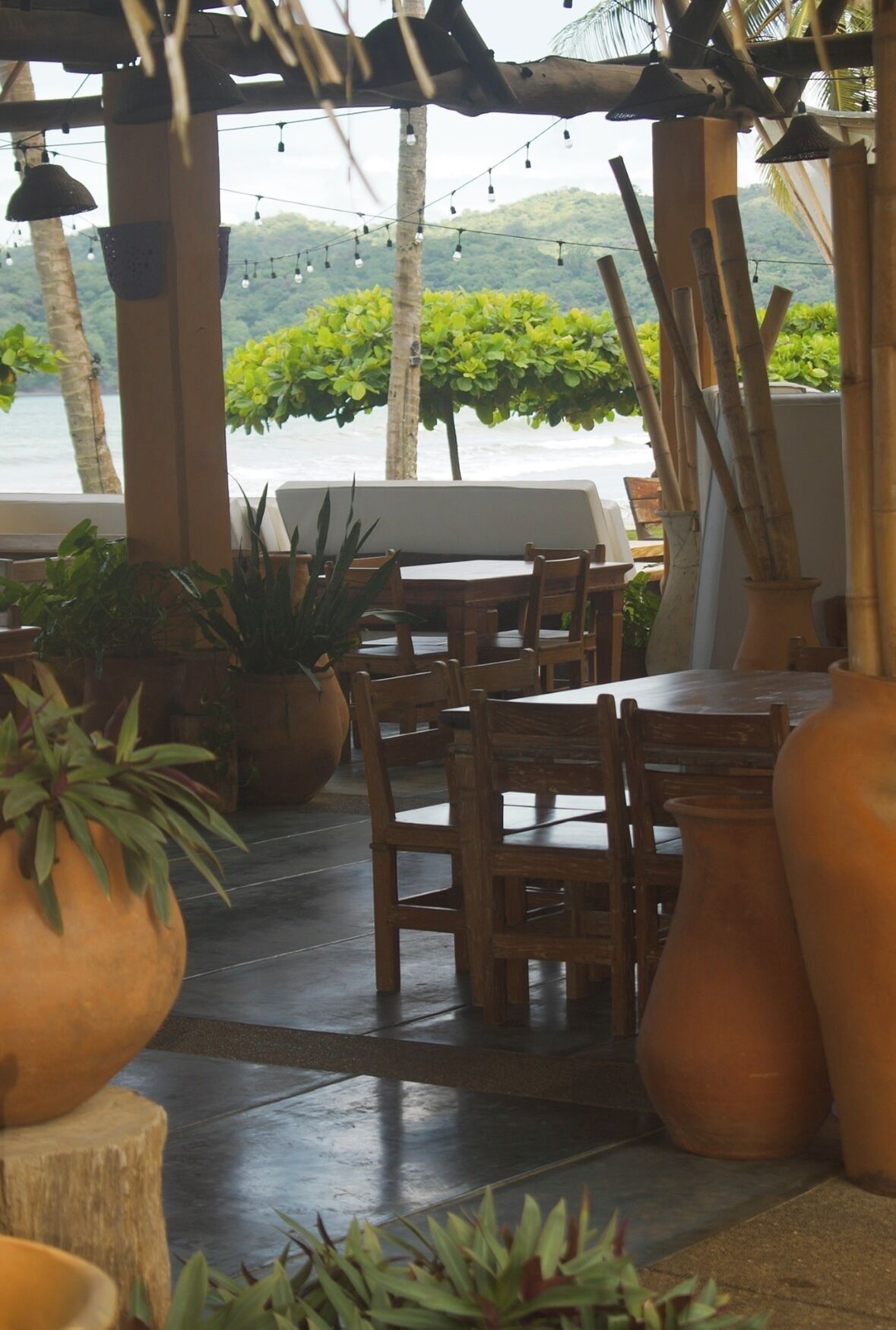 Un espacio de comedor al aire libre con mesas y sillas de madera, rodeado de macetas grandes de terracota y plantas en macetas.