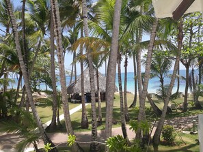 A tropical resort with palm trees, a thatched-roof hut, and a view of the ocean. - Hotel Atlantis (Las Terrenas)