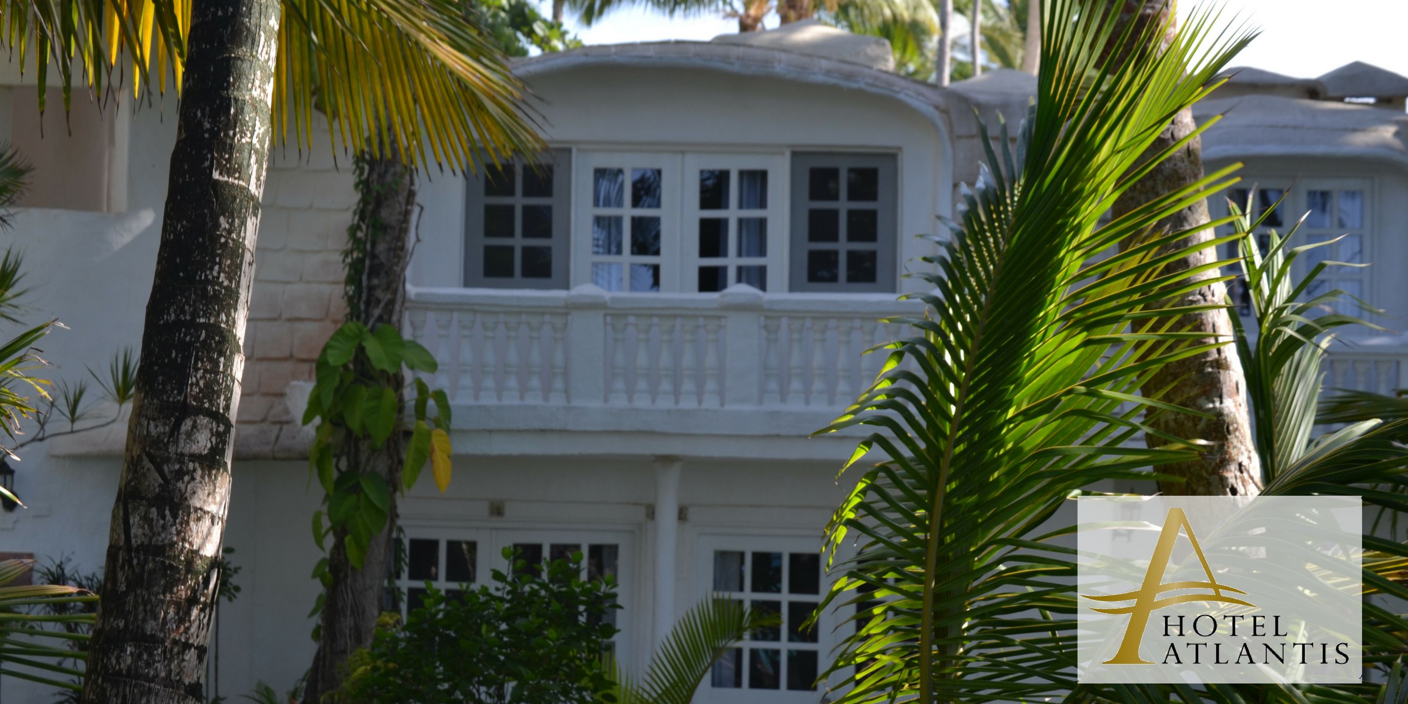 Un bâtiment à deux étages doté d’un balcon, entouré de palmiers et de verdure.