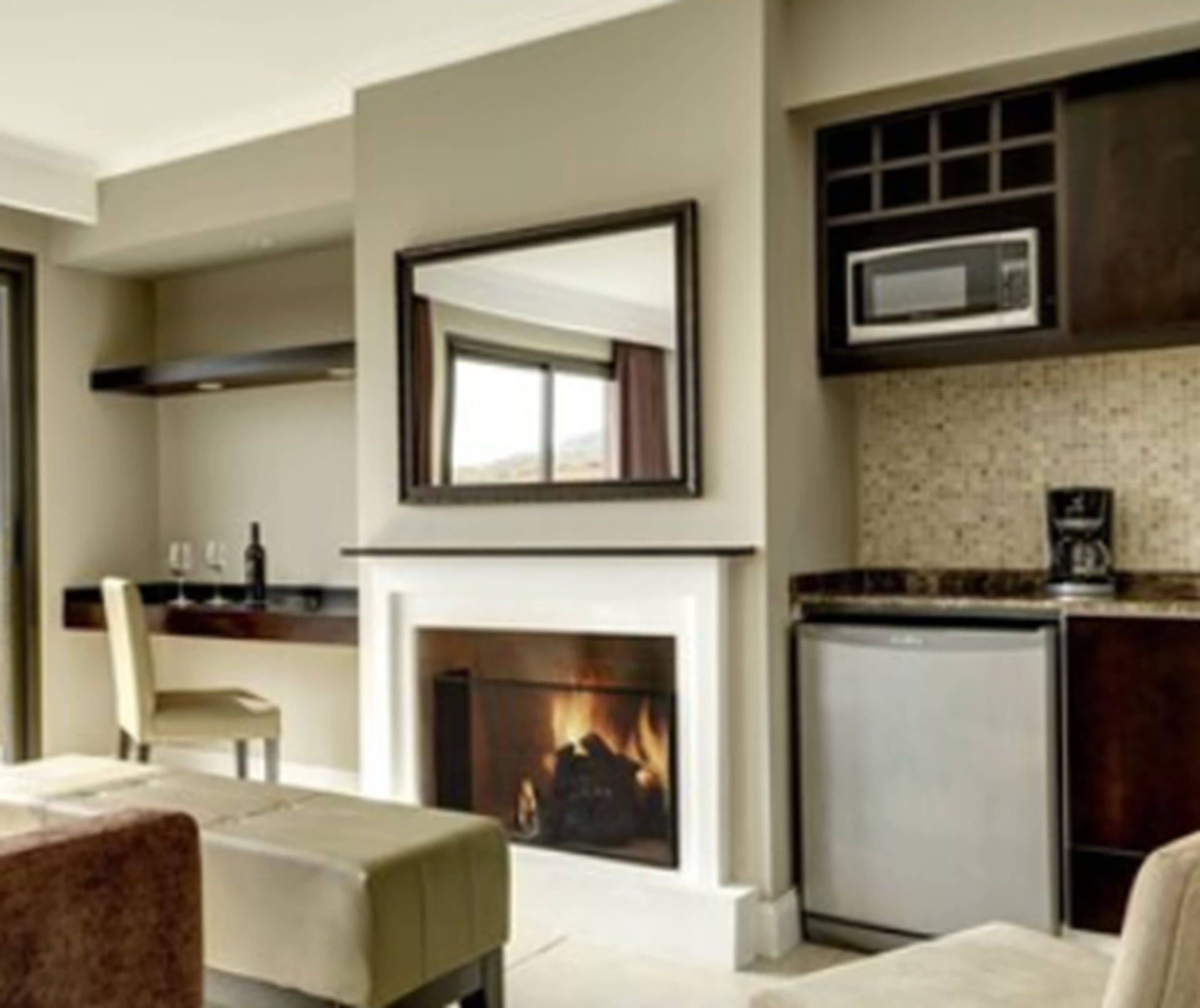 mini-fridge, microwave, cookware/dishes/utensils, cleaning supplies