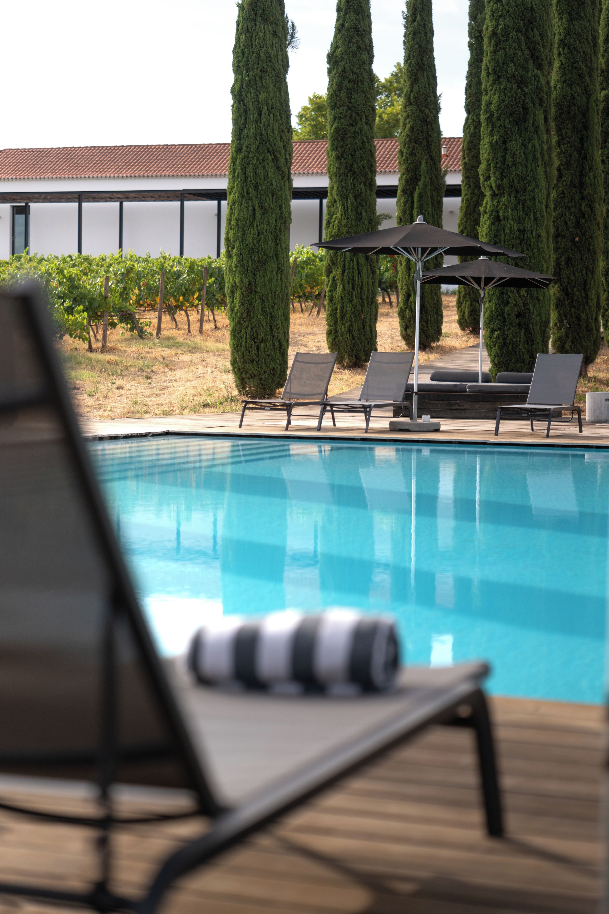 Piscina com espreguiçadeiras e um guarda-sol, cercada por sebes bem aparadas e um edifício com telhado de azulejos.