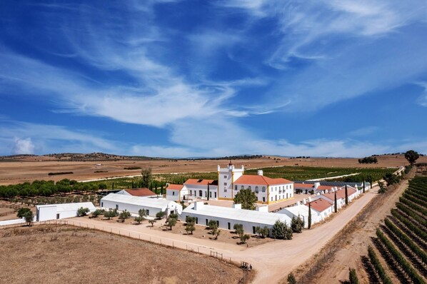 A large estate with multiple buildings, including a prominent white structure with a red roof, surrounded by vineyards and open fields. - Torre de Palma Wine Hotel, Monforte, a Member of Design Hotels (Monforte)