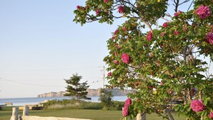 A wooden fence with a view of a coastal landscape and a tree with pink flowers. - Motel du Haut Phare (Gaspé)