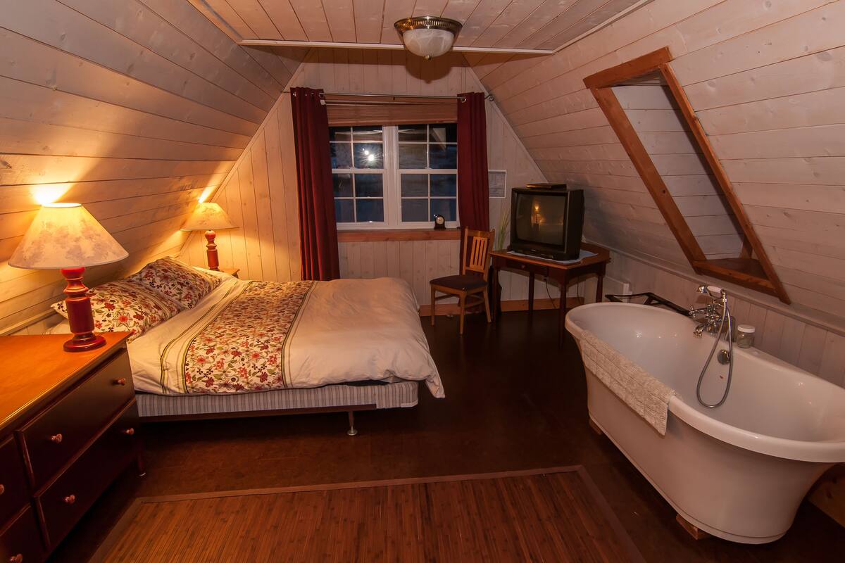A bedroom with a bed, a wooden dresser, a nightstand, a lamp, a television, a chair, and a bathtub.