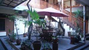 Un patio al aire libre con una escalera de madera, plantas en macetas y una mesa con sillas.