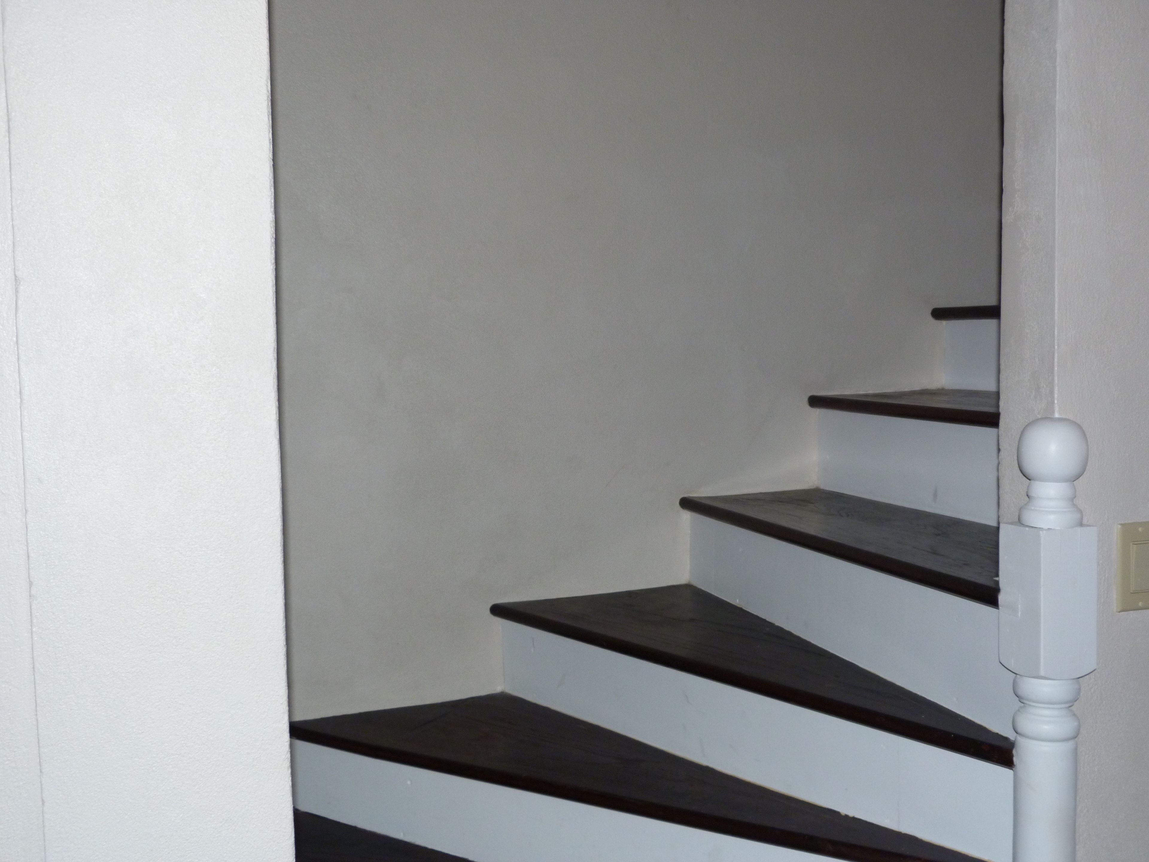 Una escalera con escalones de madera oscura y paredes blancas.