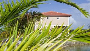 A two-story building with a red-tiled roof, surrounded by palm trees and a body of water. - Taste of Paradise (Nassau)