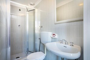 Combined shower/tub, free toiletries, hair dryer, towels