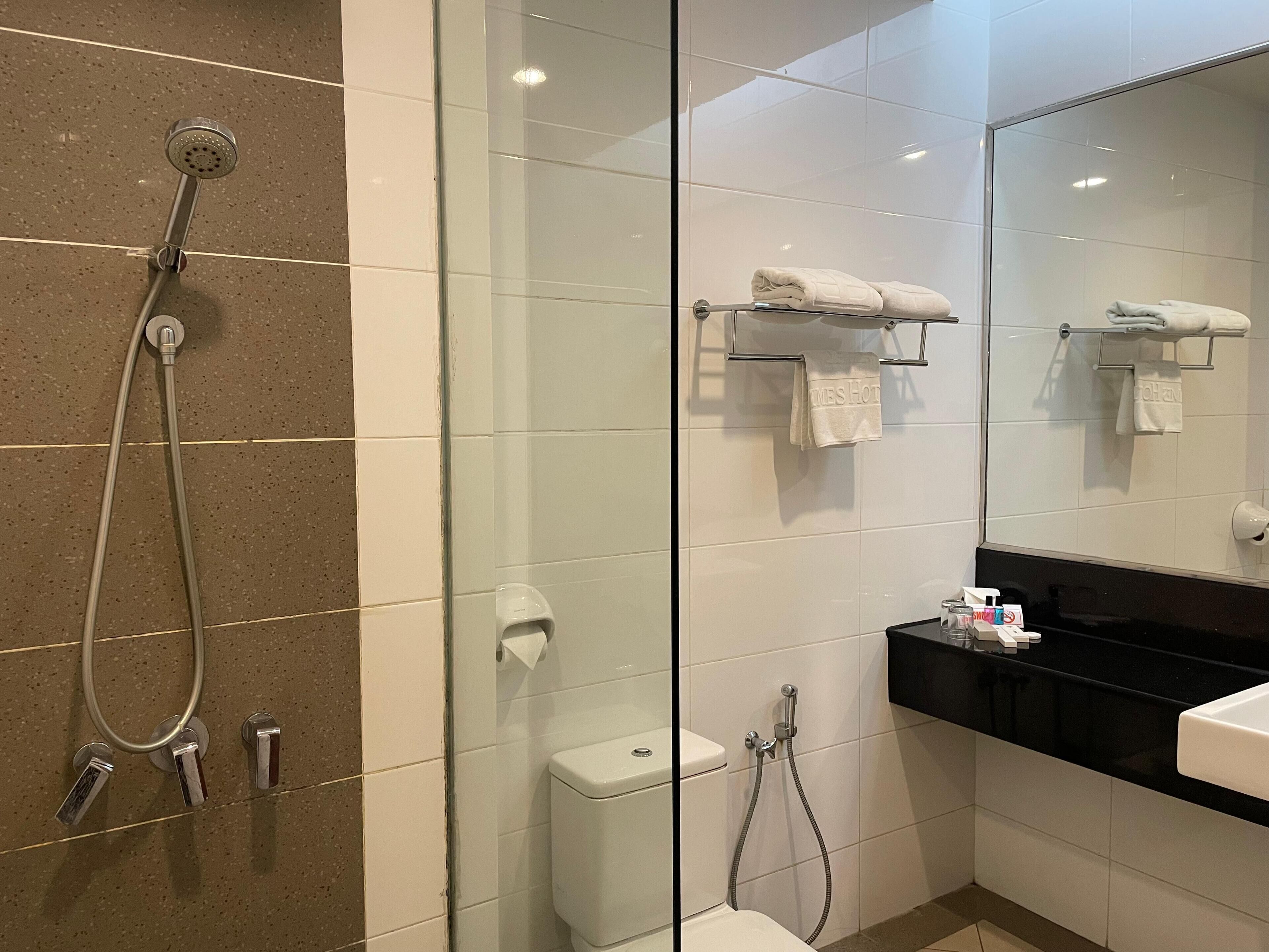 shower, free toiletries, hair dryer, slippers