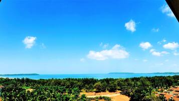 A coastal view with a beach, dense greenery, and buildings in the foreground.