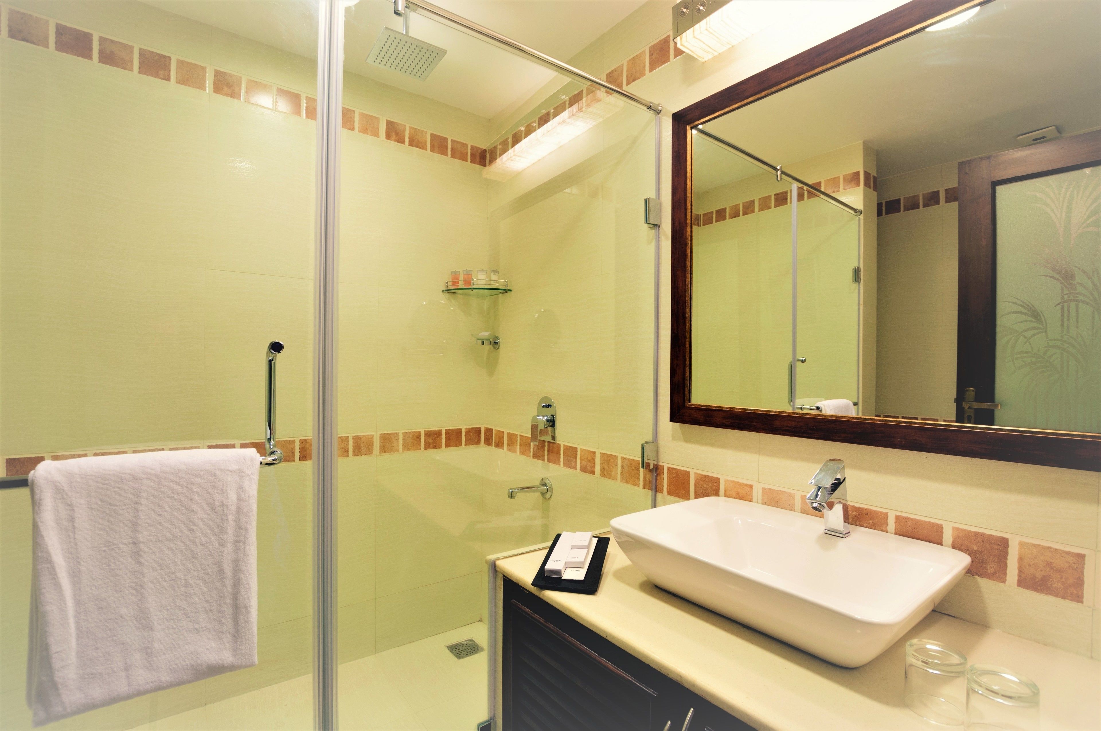 deluxe room | bathroom | shower, free toiletries, hair dryer, towels