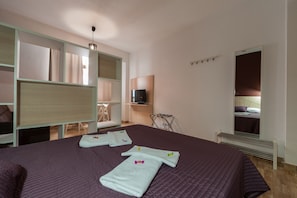 Une chambre d’hôtel avec un grand lit, une télévision, un miroir et une armoire.