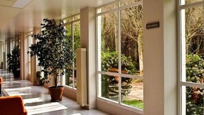 A corridor with large windows, potted plants, and a bench. - Balneario Sicilia (Jaraba)