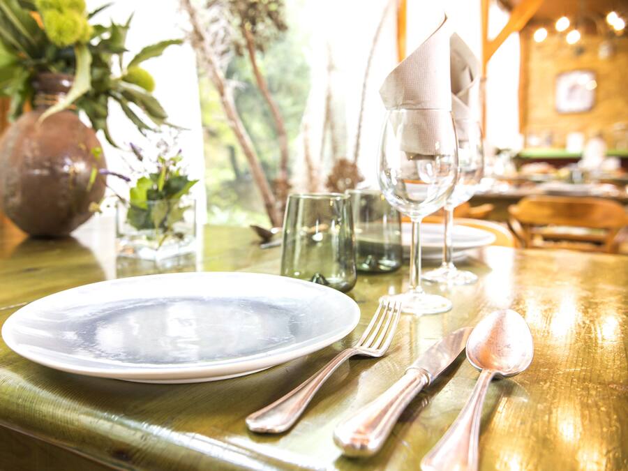 Een eettafel gedekt met borden, bestek en glazen, met een bloevas en een plant op de achtergrond.