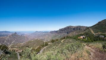A mountainous landscape with a winding road, a small cluster of buildings, and a clear blue sky.