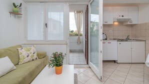 A compact living space with a kitchenette, a sofa, a coffee table, and a potted plant. - Apartments Vojin (Okrug)
