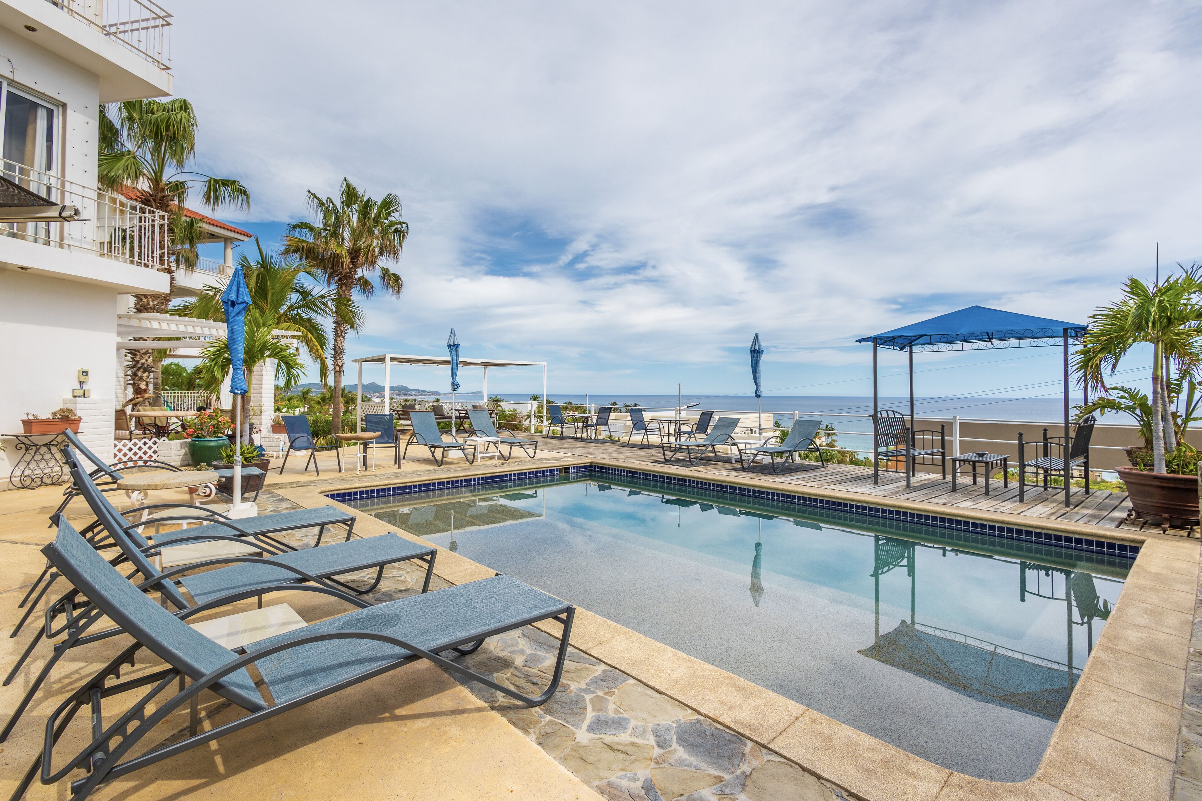 outdoor pool, pool loungers