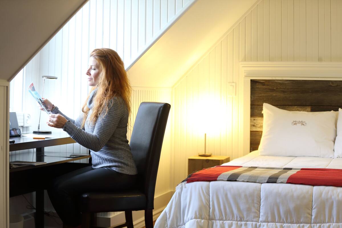 A room with a bed, a desk, and a chair.