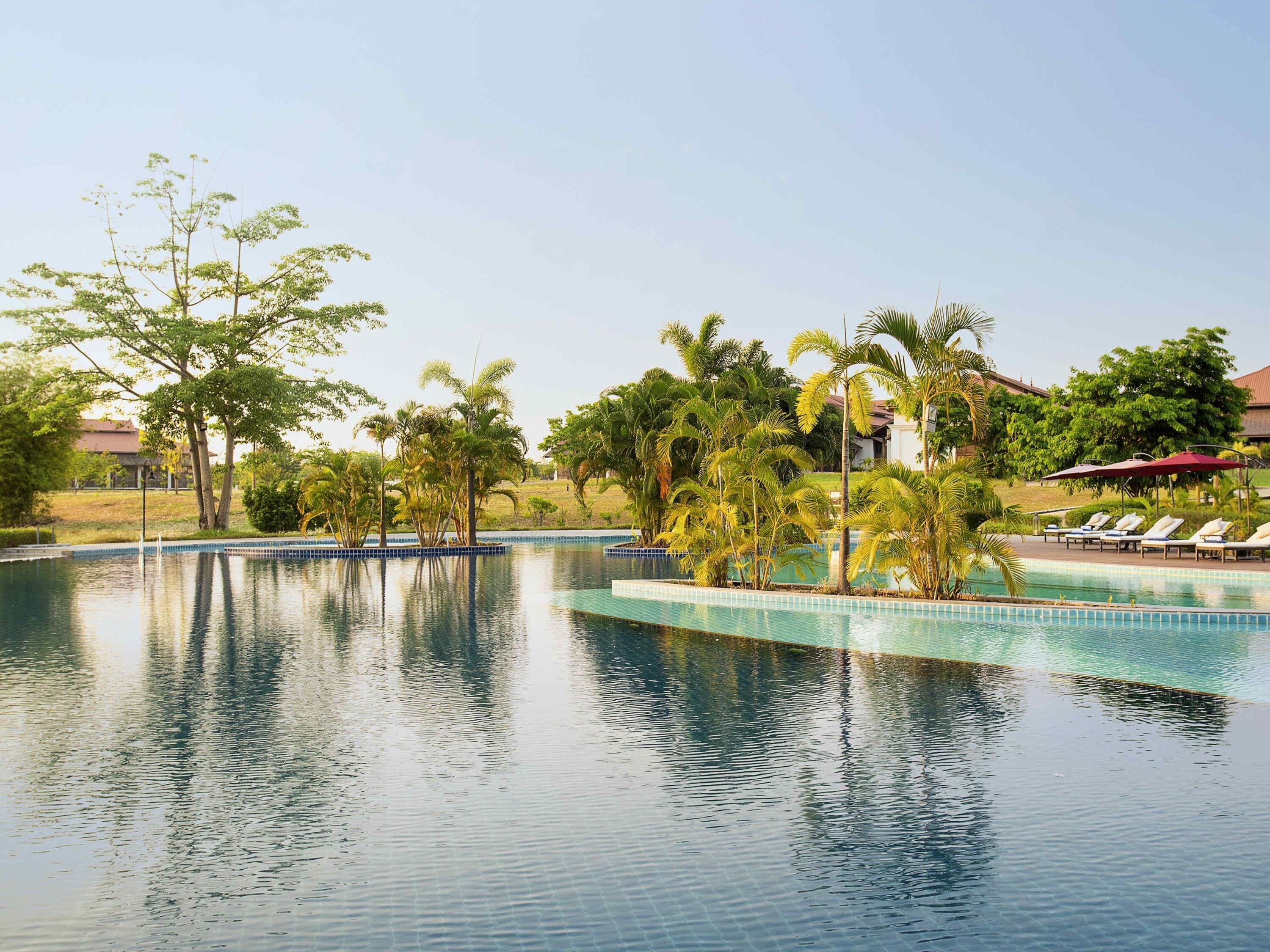 Una piscina al aire libre, sombrillas, sillones reclinables de piscina