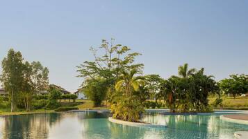 Outdoor pool, pool umbrellas, sun loungers