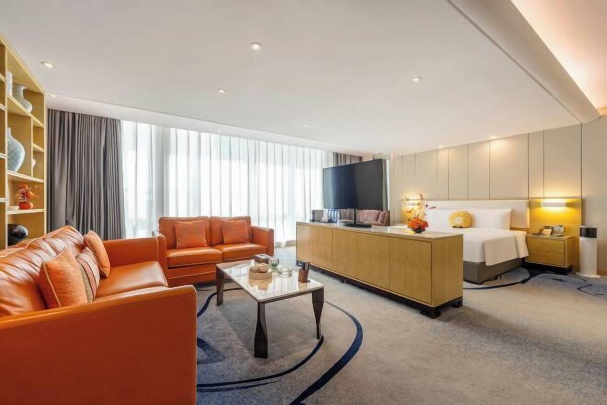 Habitación de hotel con sofá, mesa de centro, televisor, cama, mesita de noche y lámpara.