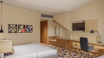 Een moderne hotelkamer met een bed, bureau, stoel en televisie.