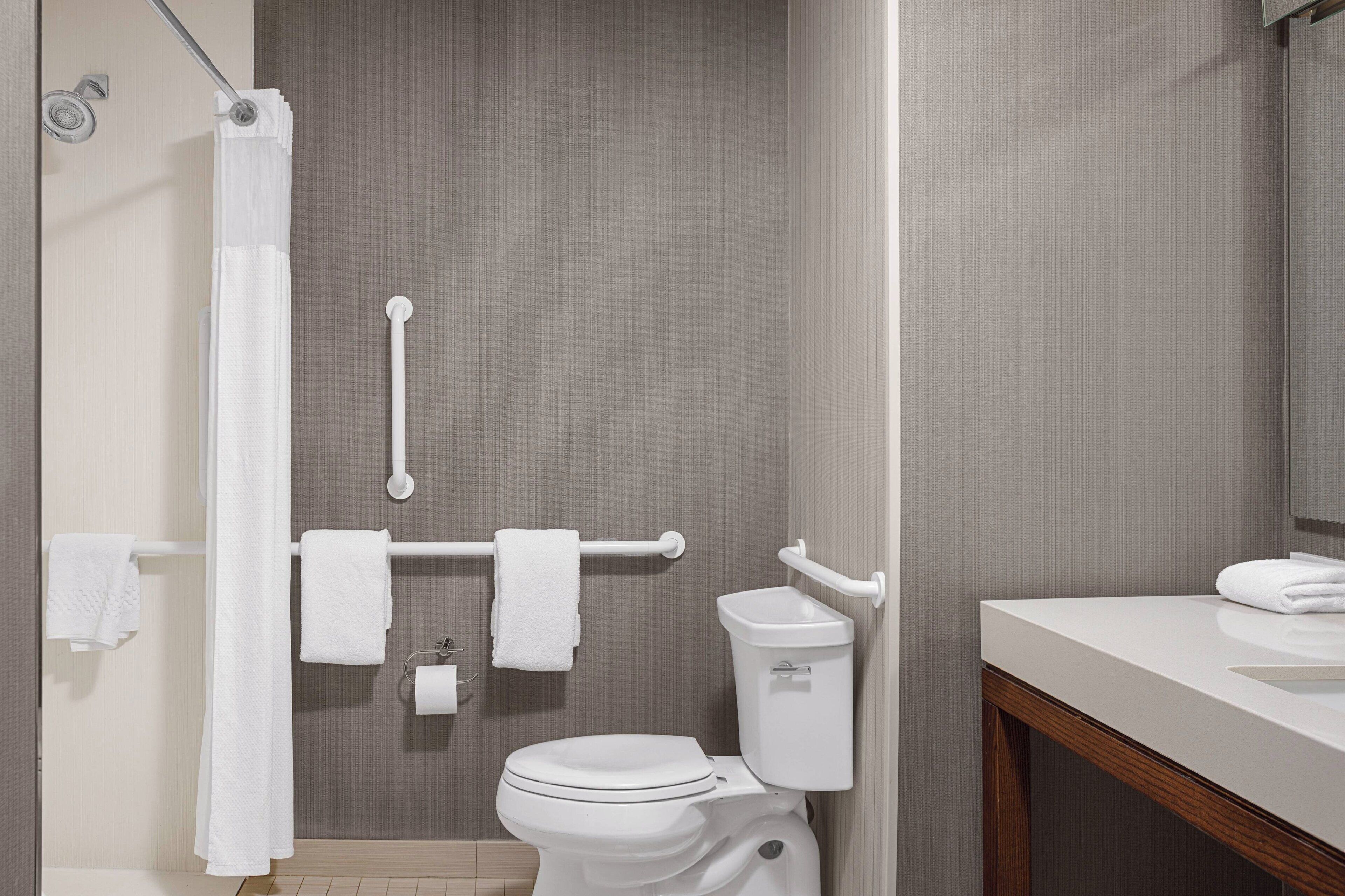 combined shower/bathtub, free toiletries, hair dryer, towels