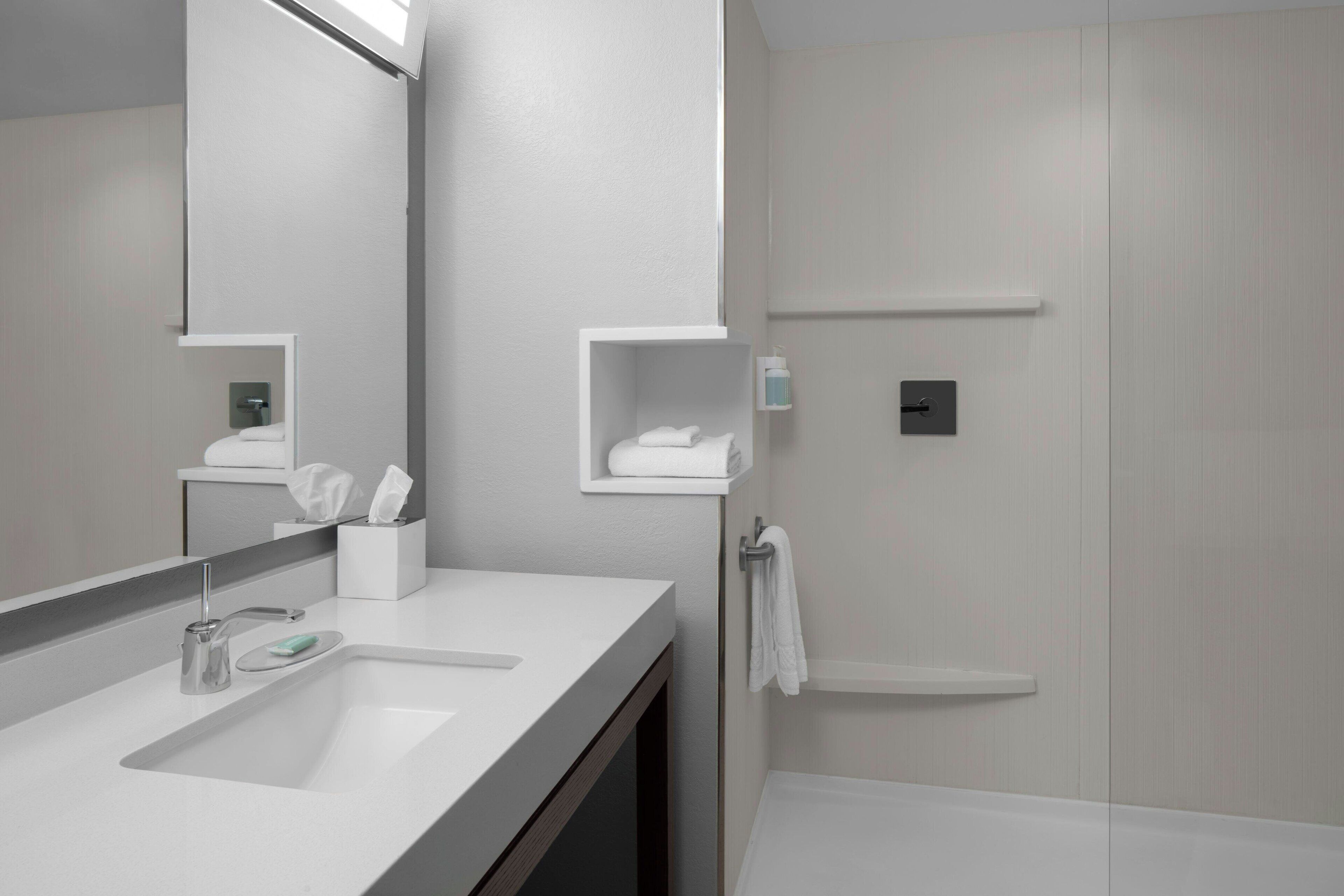 combined shower/bathtub, free toiletries, hair dryer, towels