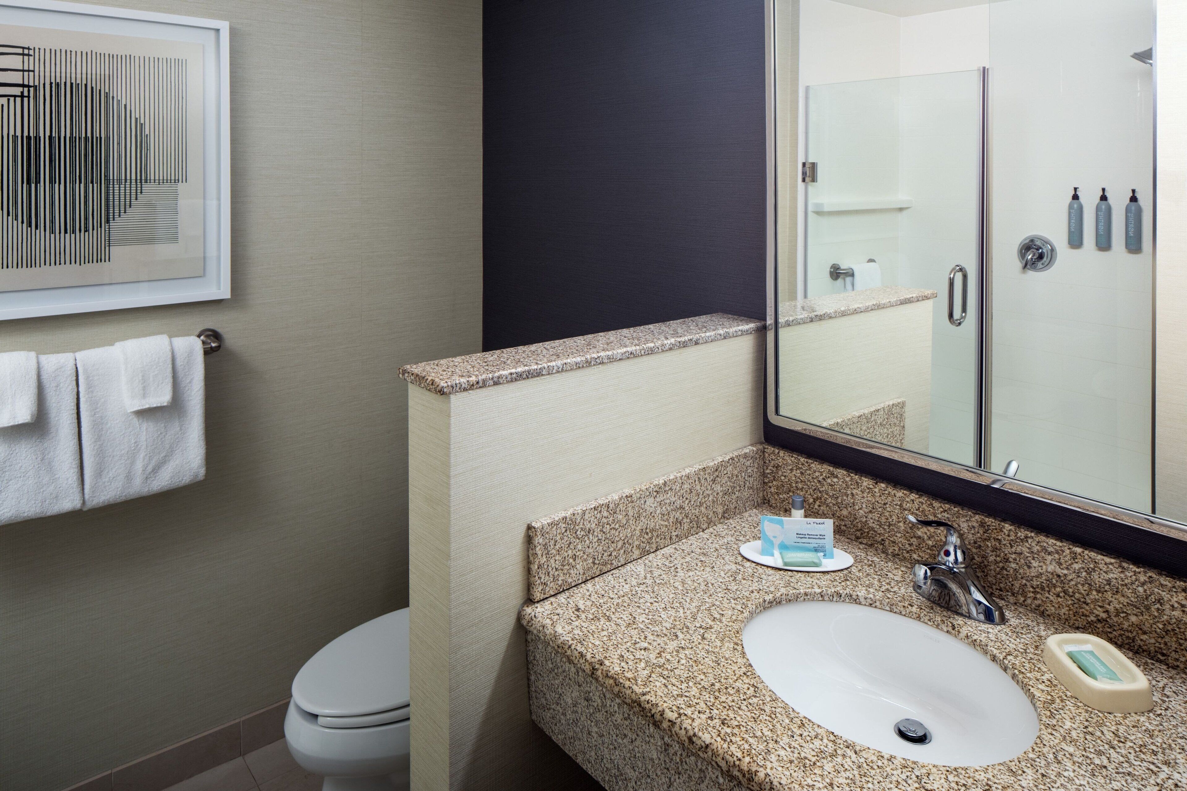 Une salle de bain avec un lavabo doté d’un plan de travail en granit, un miroir, un porte-serviettes et un espace douche.
