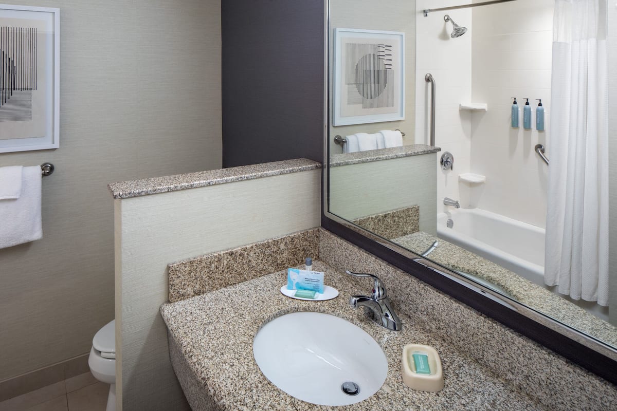 Une salle de bain avec un comptoir en granit, un lavabo blanc et un grand miroir. On y trouve une douche avec une porte en verre et un porte-serviettes au-dessus du lavabo.