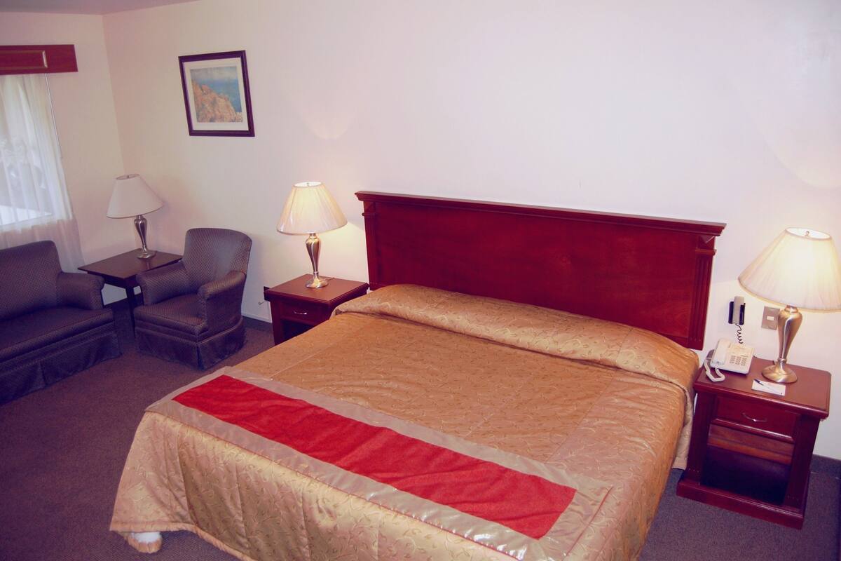 Quarto de hotel com uma cama grande, duas mesas de cabeceira com luminárias, uma cadeira, uma escrivaninha e um quadro na parede.