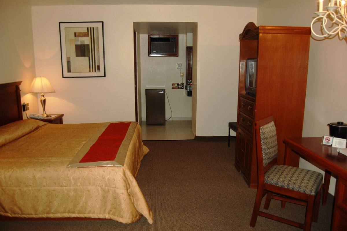 Quarto de hotel com cama, escrivaninha, cadeira, luminária, espelho, refrigerador e televisão.