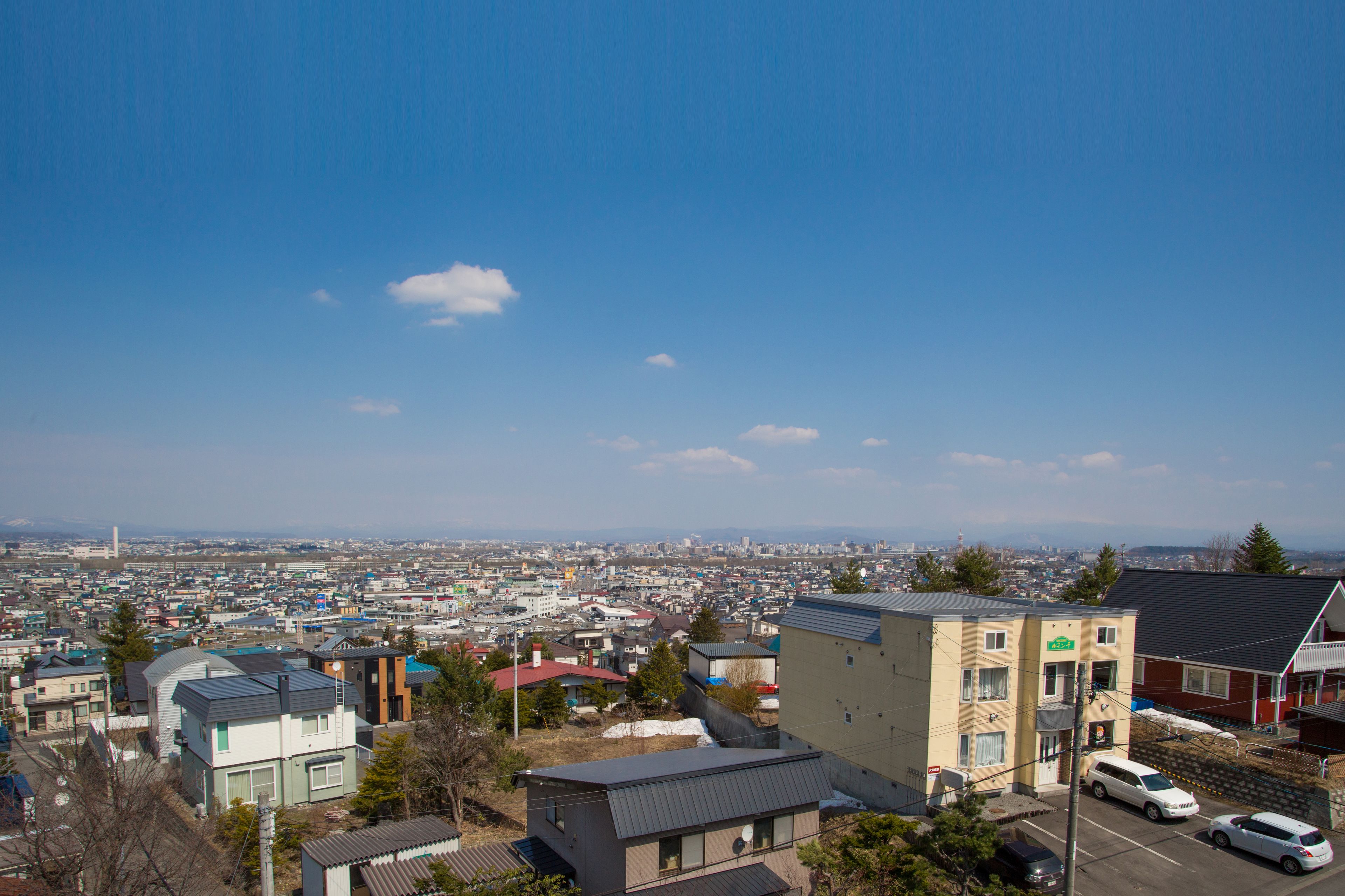 Zona residencial con varias casas y edificios, cielo despejado y un horizonte urbano distante.