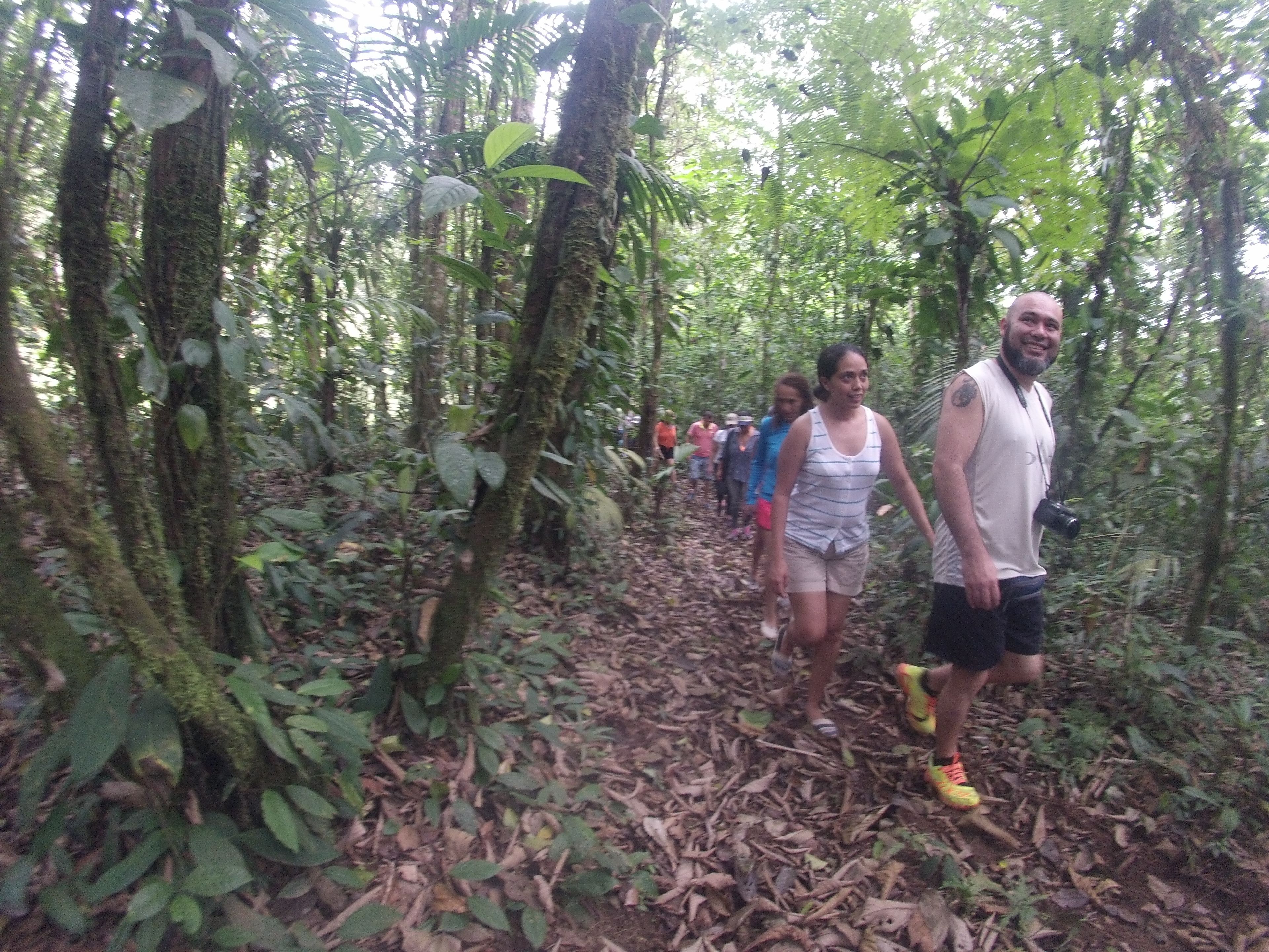 Um grupo de pessoas caminhando por uma trilha na floresta.