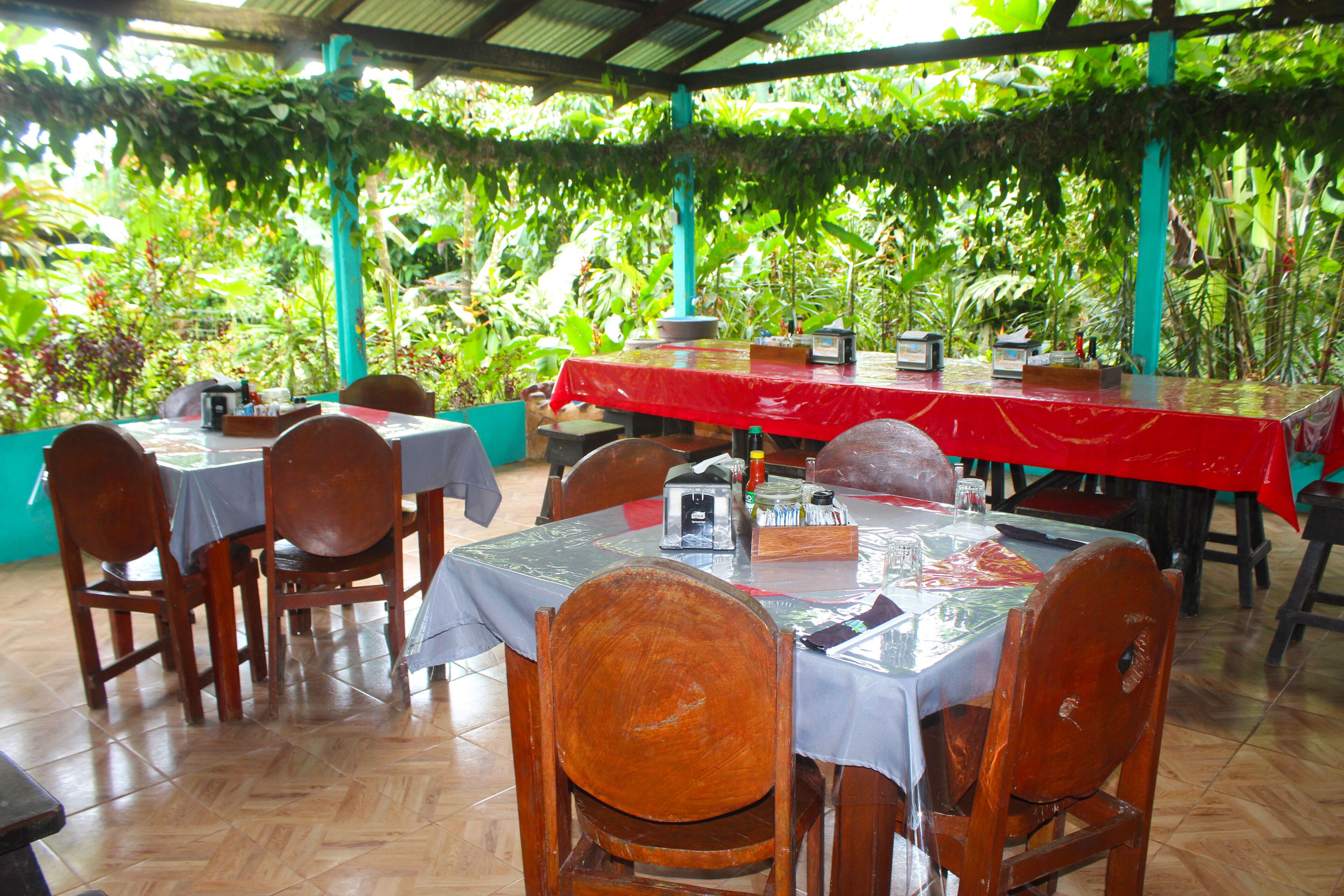 An outdoor restaurant with wooden tables and chairs, covered by a red tablecloth, surrounded by lush greenery.