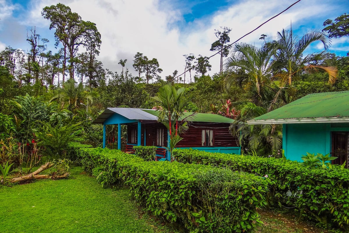 A small, rustic cabin surrounded by lush greenery and a well-maintained lawn.