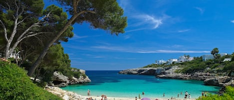 Beach nearby, white sand, sun loungers, beach umbrellas