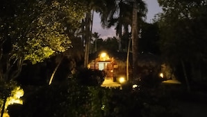 A night scene with a building surrounded by palm trees and illuminated by ambient lighting. - Las Palmas Residence (Las Terrenas)