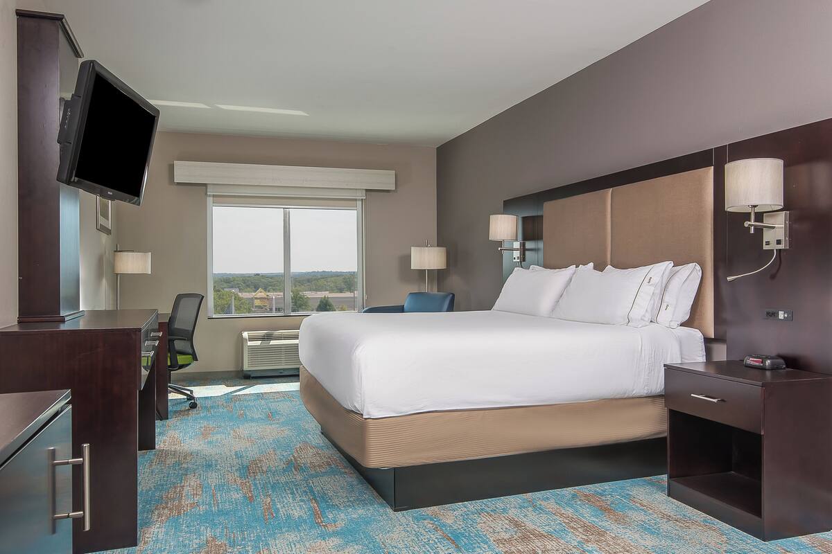 A hotel room with a bed, desk, chair, television, and a window with a view.