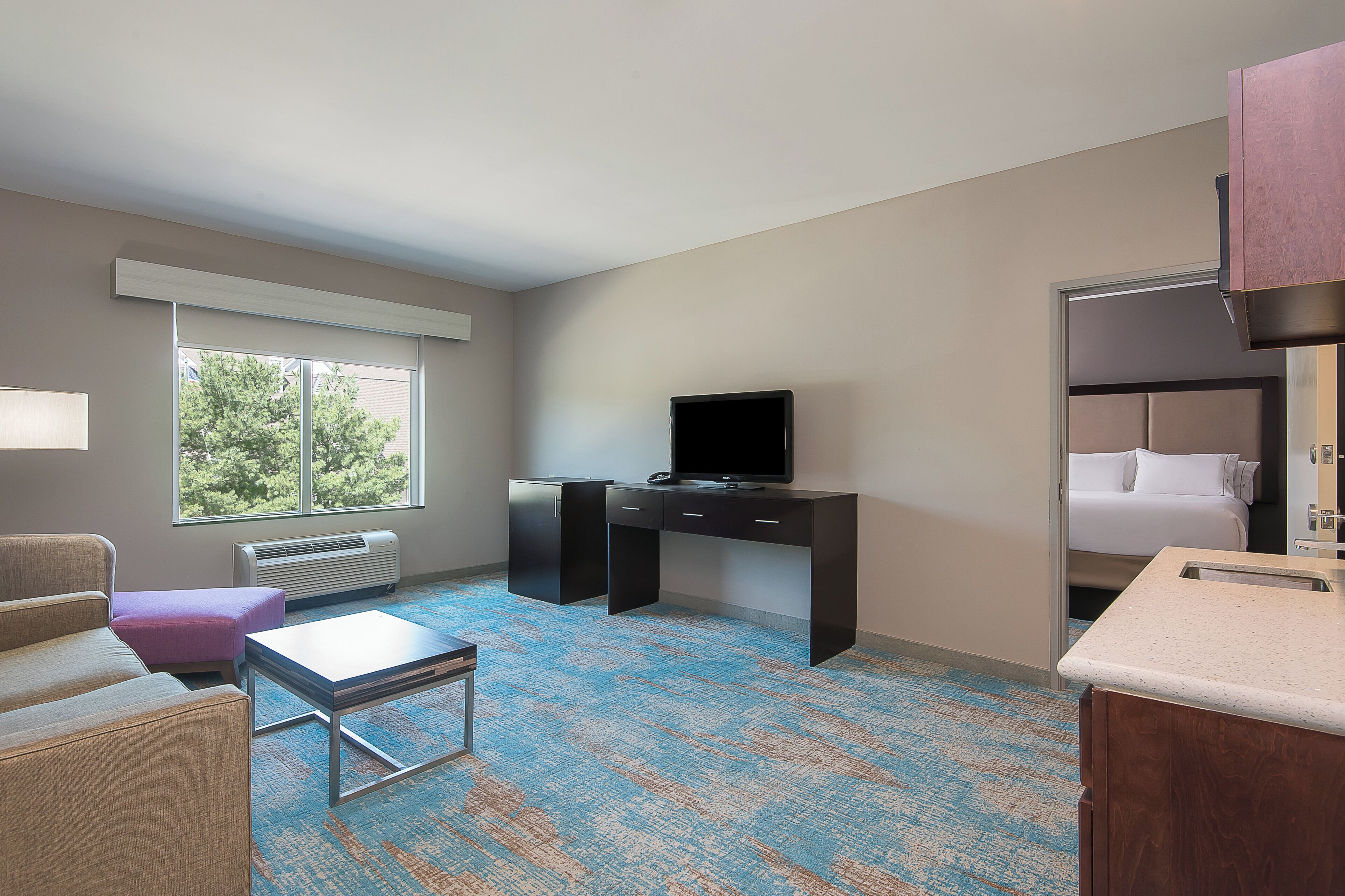 Habitación de hotel con cama, escritorio, silla, televisor y ventana con vista a árboles.