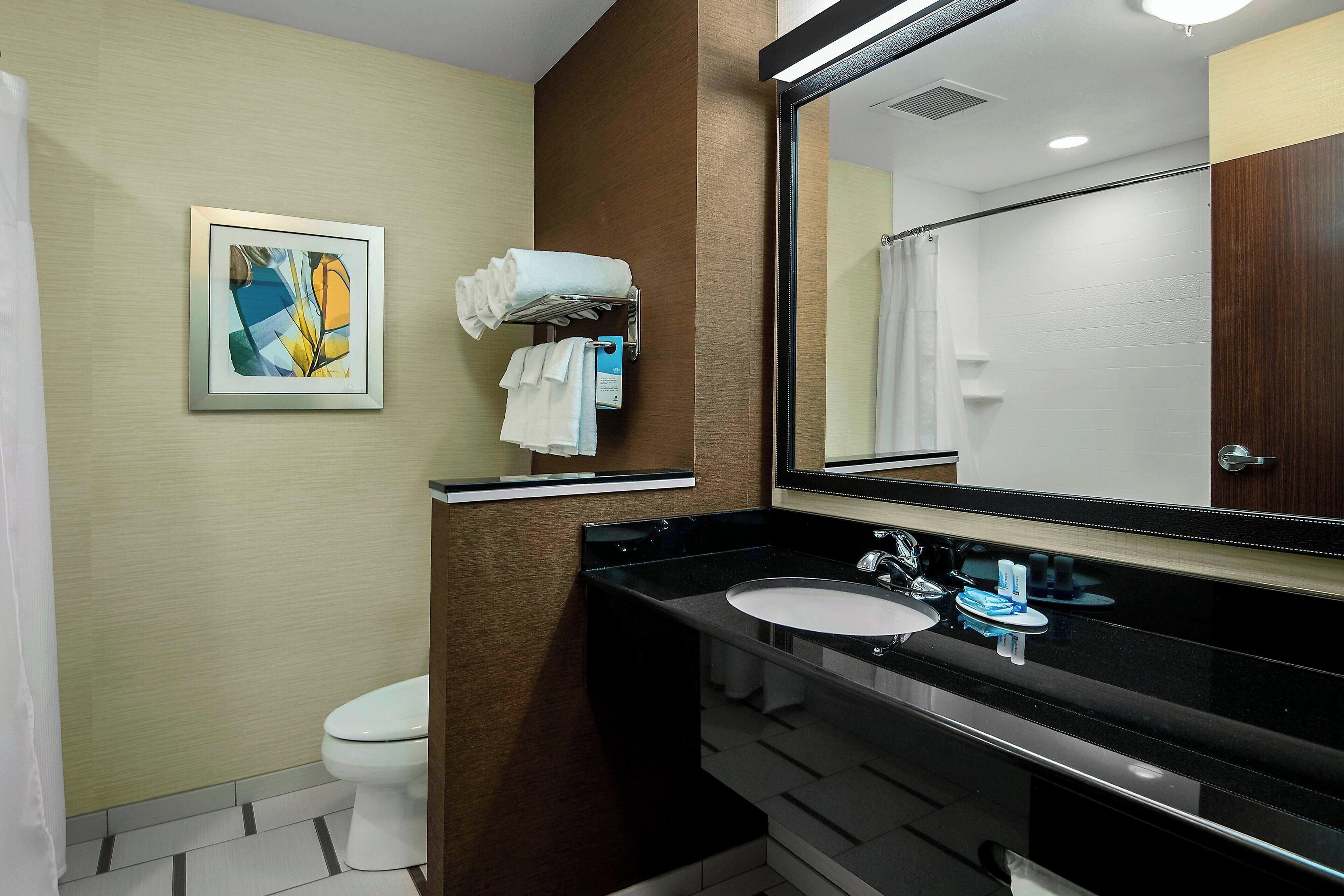 free toiletries, hair dryer, towels