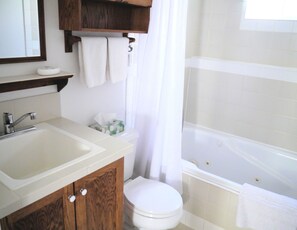 Combined shower/tub, jetted tub, free toiletries, hair dryer