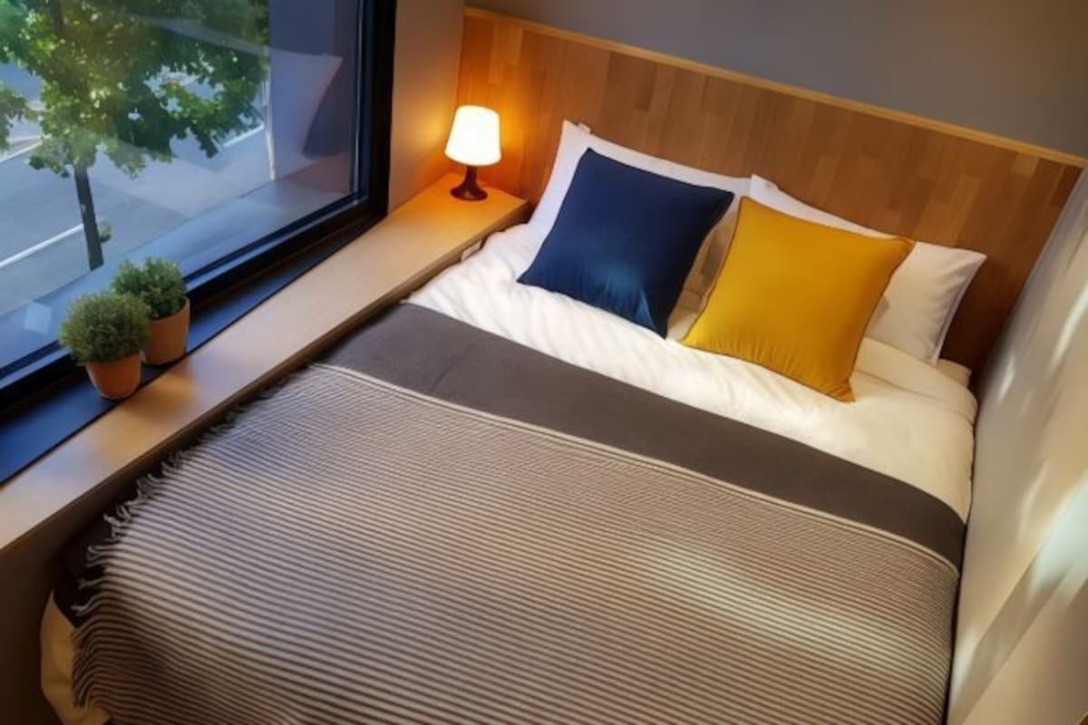 A neatly made bed with a striped blanket, a bedside lamp, and two potted plants on a windowsill.